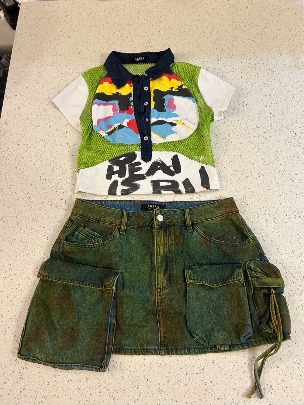 Akira: 2 piece set: Green Mesh Graphic Polo Top and Jean Skirt